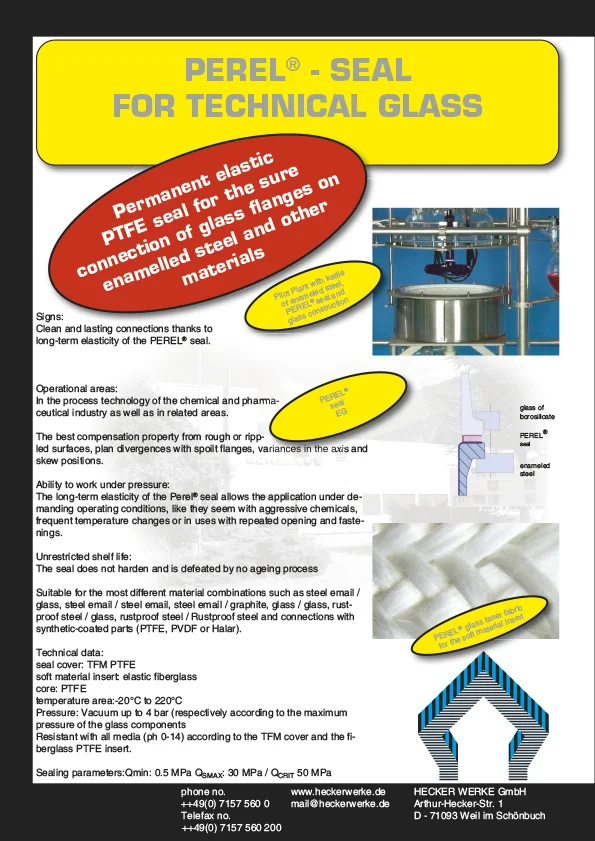 Elastic PTFE seal for connection glas flanges on ennamelled steel